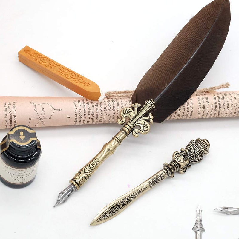 GC QUILL Feather Pen and Ink Set, Calligraphy Quill Pen with Metal Letter Opener Pen Holder 6 Nibs 1 Dip Ink and 1 Sealing Wax Gift for Kids Adults Writers â€“ MU-08 - Image 4